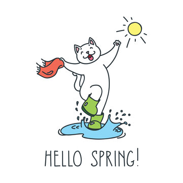 Hello spring! Doodle vector illustration of funny jumping white cat in boots
