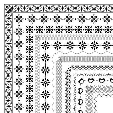 set of vector brushes with outer corner elements in modern and vintage styles to create borders, frames  for invitations, birthday and greeting cards, certificate. The brush included in the file