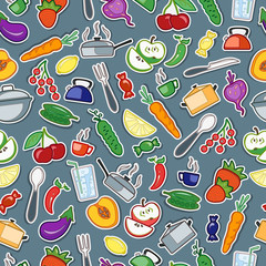 Seamless pattern with simple icons on a theme kitchen accessories and food , color icon on a grey background