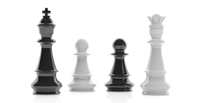 Chess king, queen and pawns on white background. 3d illustration