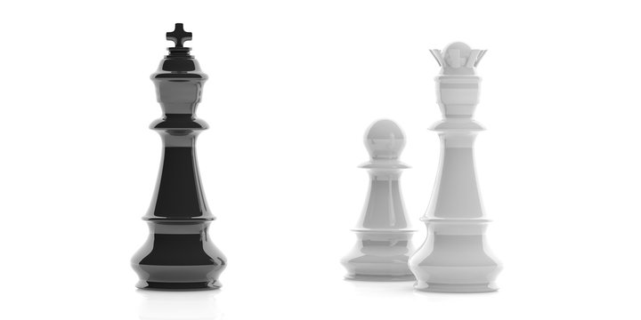 Chess king, queen and pawn on white background. 3d illustration