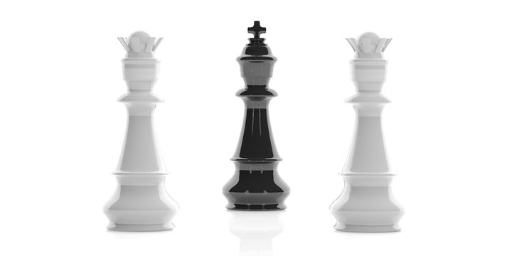 One chess king and two queens on white background. 3d illustration
