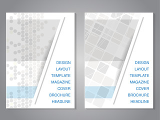 Vector modern brochure with abstract design, flyer with grey dotted and squared background. Layout template. Aspect Ratio for A4 size. Poster of blue, grey and white color. Magazine cover.