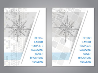Vector modern brochure with hand draw map and compass design, flyer with grey dotted background. Layout template. Aspect Ratio for A4 size. Poster of blue, grey and white color. Magazine cover.