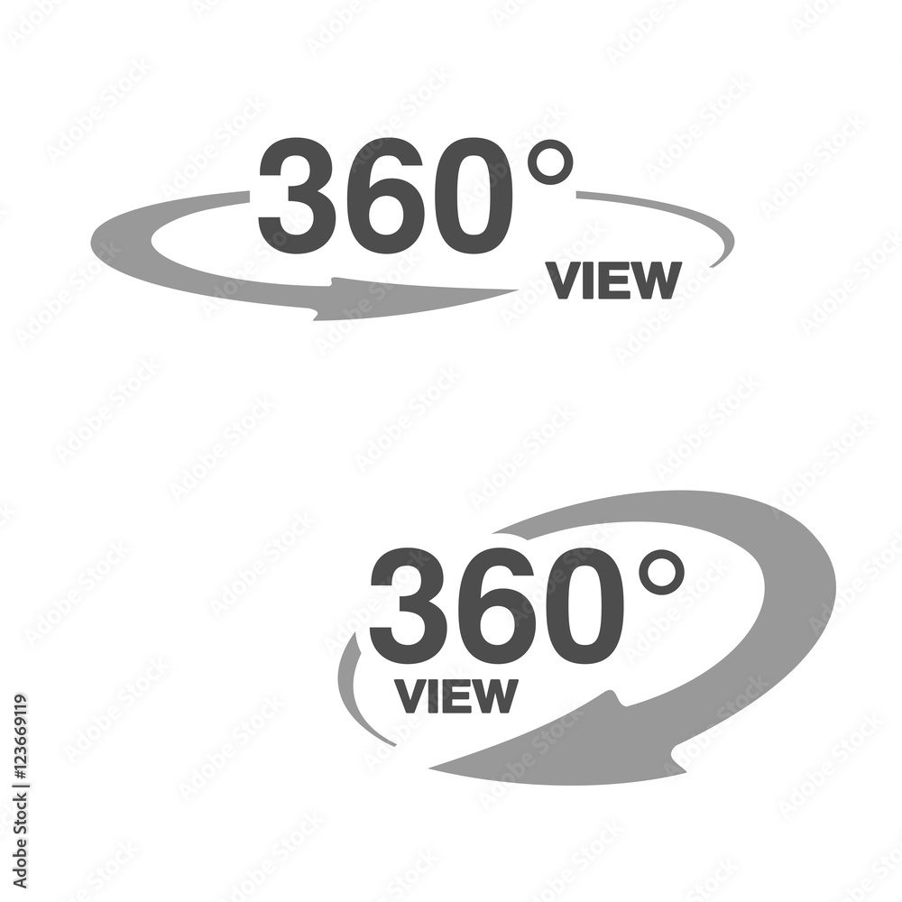 Poster vector symbols for virtual tour, oval labels with arrow and with text 360 and view.