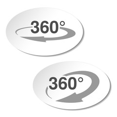 Vector buttons for virtual tour, oval labels with arrow and with text 360-, white stickers.