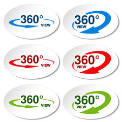 Vector white stickers for virtual tour, oval labels with blue, red, green arrow and with text 360 and view.