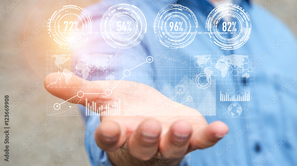 Poster businessman holding digital graph interface ‘3d rendering’