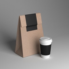 Paper cup and paper bag mockup, 3D rendering illustration