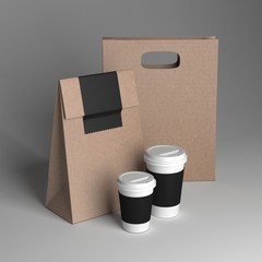 Paper cup and paper bag mockup, 3D rendering illustration