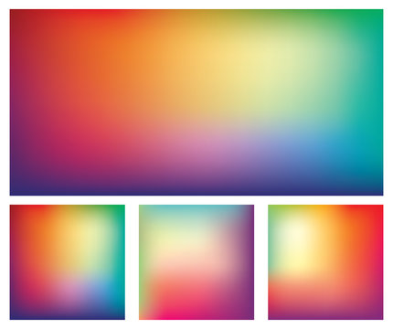 Set of blurred gradient mesh backgrounds in bright rainbow colors. Colorful smooth banner templates. Easy editable soft colored abstract vector illustration in eps8 without transparency.