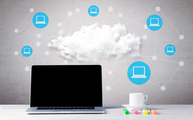 Business notebook on desk with computers