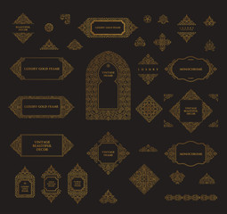 Arabic vector set of frames lines art design templates. Muslim gold outline elements and emblems