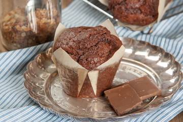 Homebaked Chocolate Muffins In Paper Cases.