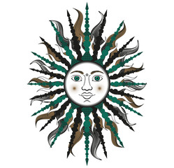 Colorful stylized sun in green and black colors. Bitmap in cheap