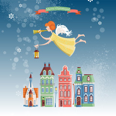 Christmas angel with trumpet and lamp flying over the winter city. Merry Christmas.