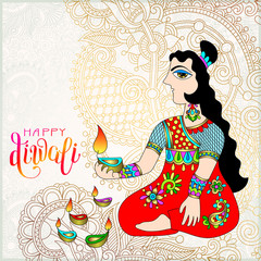 Happy Diwali gold greeting card with ethnic women