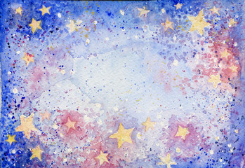Hand painted watercolor starry sky blue and pink colors. delicate background design. Copy space. 