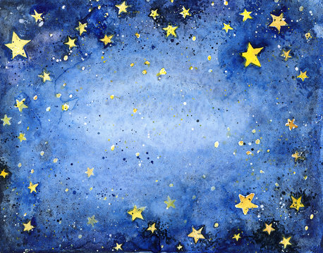Hand painted watercolor blue sky with bright stars © Lileinaya