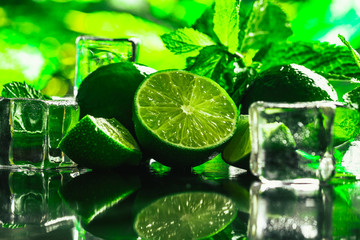 fresh green mint and lime ice cube close-up on a dark background