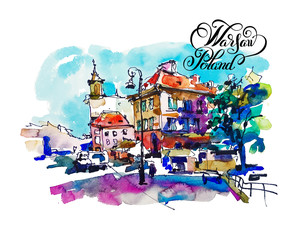 watercolor sketching old town historical buildings Warsaw capita