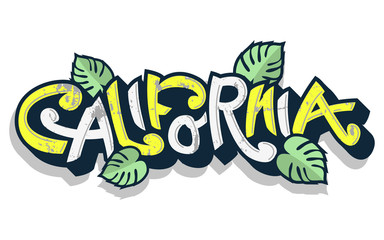 California Funny Lettering With Palm Leaves On A White Backgroun