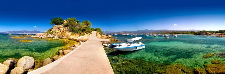 Cercles muraux Plage de Palombaggia, Corse Île de Corse avec palmiers, tourquise eau claire et yacht