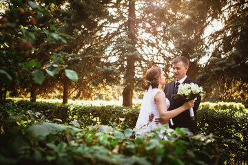 couple bride and groom on a park background