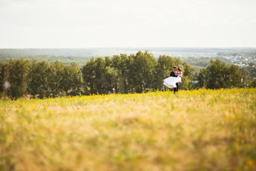 couple bride and groom on field background