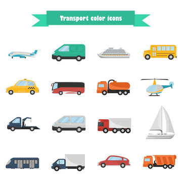 Set of different color transport vehicle icons. Flat design. Modern concept for web and mobile