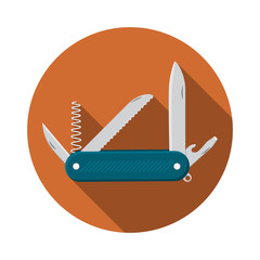 Flat design modern vector illustration of multifunctional pocket knife icon, camping and hiking equipment with long shadow