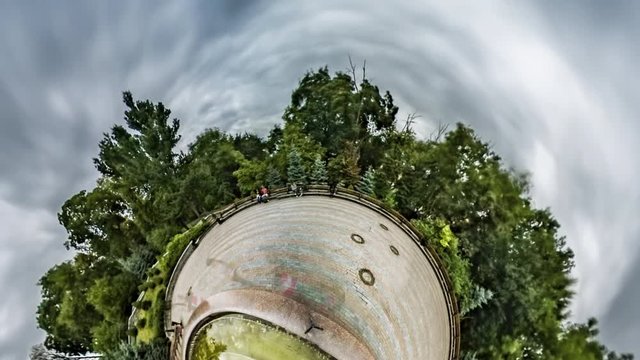 Little Tiny Planet 360 Degree Square Panorama Puppet Theater Kiev Sights f Small Artificial Lake on a Square Paving Stones Green Trees Tourism in Ukraine