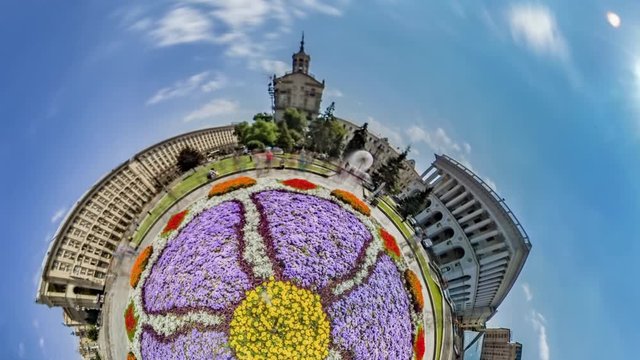 Little Tiny Planet 360 Degree Flower Bed Independence Square City Traffic Kiev Sights is Sunny Day People Walking by Square Old Buildings Cityscape