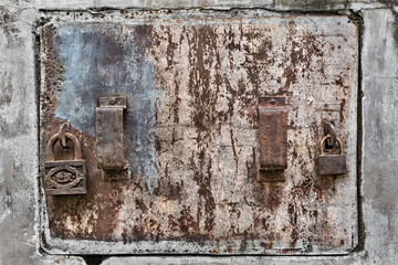 Corroded grungy metal door, Yangon, Myanmar, Asia