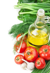vegetables and a bottle of oil, still life