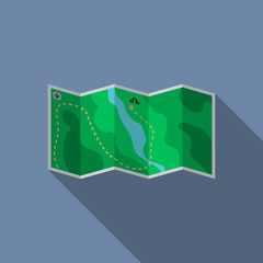 Flat design modern vector illustration of paper map icon, camping and hiking equipment with long shadow