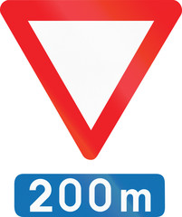Belgian regulatory road sign - Give way in 200 meters