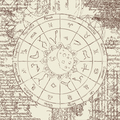Fototapeta na wymiar zodiac with the sun, moon and constellations against the background of the papyrus with different symbols