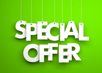 Special offer - white words hanging on green background. 3d illustration