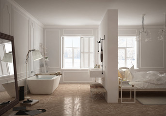Fototapeta na wymiar Bedroom & bathroom in scandinavian style