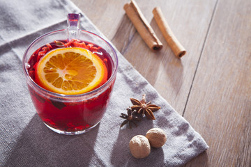 Hot wine for winter and Christmas with delicious orange and spices