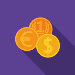 Flat design vector coins icon with long shadow