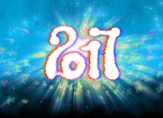Happy new year 2017 isolated numbers written with light on bright bokeh background full of flying digits 3d illustration