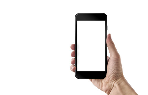 Smart phone in man hand. Isolated white screen for mockup. White background.
