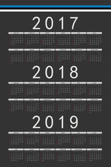 Set of black rectangle Estonian 2017, 2018, 2019 year vector cal