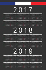 Fototapeta premium Set of black rectangle French 2017, 2018, 2019 year vector calen