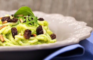 troccoli with pesto of rocket, raisins and pine seed