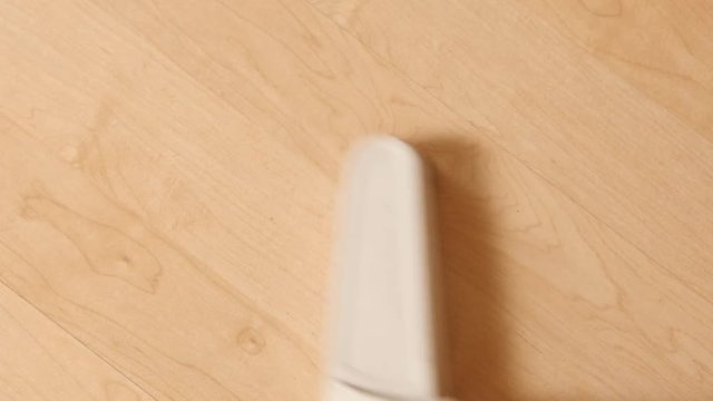 Closeup of a vacuum brush cleaning some wooden floor.