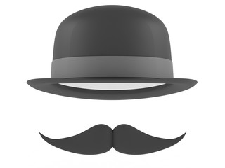 Bowler hat and mustaches on a white background. 3D rendering
