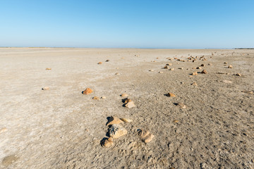 Fototapeta na wymiar Rocks in arid lagoon landscape of Camarque, France